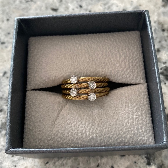 ALOR 18K Gold Plated Multi Row Cable & Diamond Ring - Size 7 - 0.09 ctw, NWT - Picture 1 of 6
